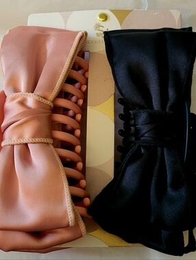 Satin Bow Hair Claw Clip Pair - Blush Pink & Black